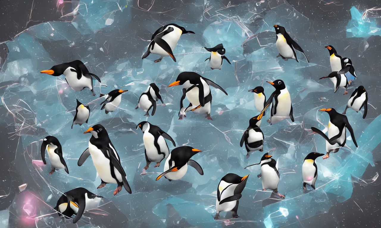 Prompt: penguins ripping space, rocks and scissors and interconnected high speed rails, digital art, 3 d illustration, transparent backround