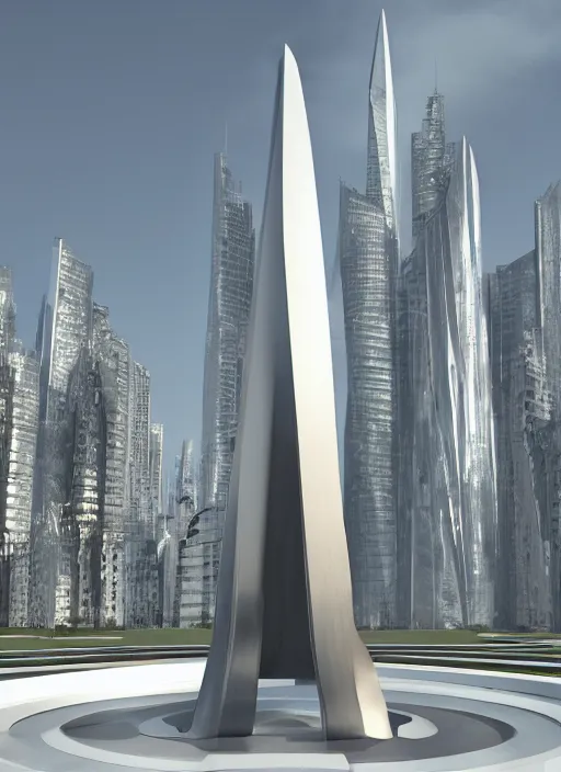Prompt: highly detailed architecture 3 d render of a huge high futuristic metallic stele sculpture in zaha hadid style standing in city park, archdaily, made in unreal engine 4