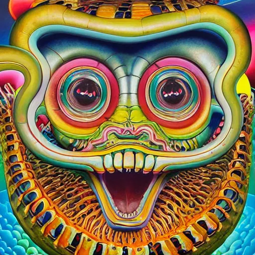 Image similar to beautiful painting of anthropomorphic steam railway engine monster truck snake oil salesman cowboy caveman hydra, neo - andean architecture art by takashi murakami, art by lisa frank, art by jacek yerka, art by victor moscoso. lifelike mechanical eyes. locomotive snake. trending on artstation, hyperrealism, 1 0 k