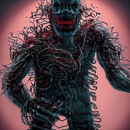 Prompt: a mechanical and human hybrid, size of a box, fleshy computer clump, clumps of hair, teeth, led, lights, blood, doom monster,