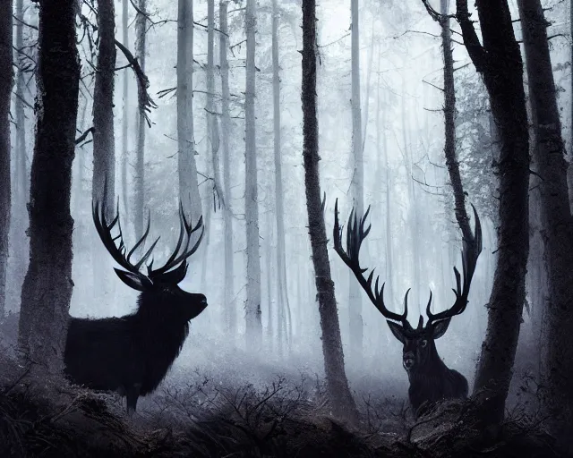 Image similar to 5 5 mm portrait photo of a black stag with antlers and black feathers in a magical forest. scary. magical atmosphere. art by greg rutkowski and luis royo. highly detailed 8 k. intricate. lifelike. soft light. nikon d 8 5 0.