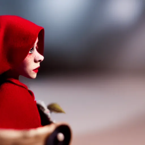 Image similar to a cinematic film still of a claymation stop motion film starring emma watson as little red riding hood, looking at realistic wolf, shallow depth of field, 8 0 mm, f 1. 8