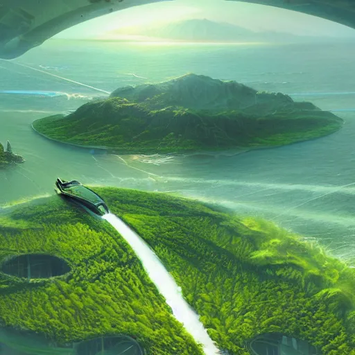 Prompt: futuristic science - fiction landscape seen from above, summer, green, bay, water, flora and fauna, artificial life, concept art, matte painting, detailed, dylan cole, james gurney, greg rutkowski, artstation