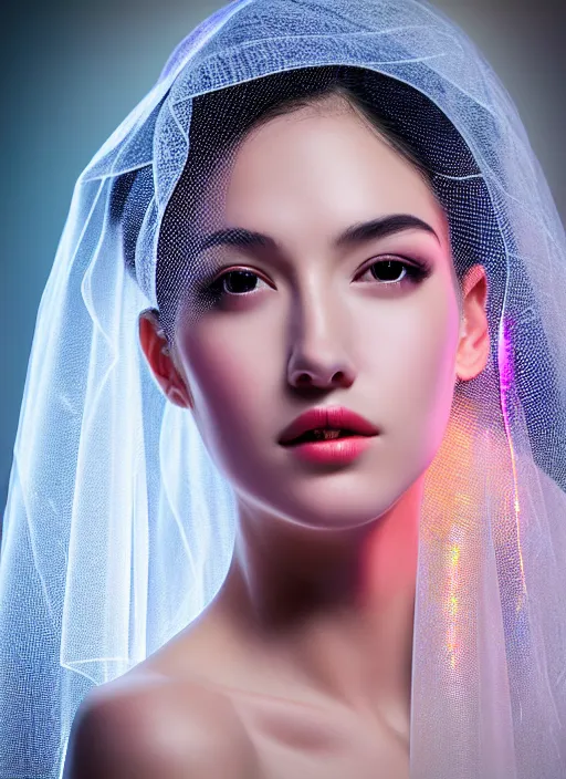 Image similar to queen chess piece photo portrait, beautiful veil of led point lights, pearlescent skin, elegant pose, very detailed, highly detailed background, photorealism, sharp focus, photorealism,soft diffuse autumn lights, some sunlight ray, dark room wall, canon 5D 50 mm lens