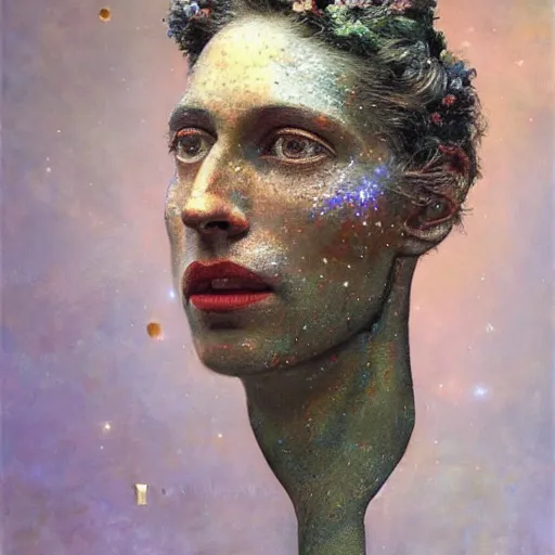 Image similar to a sculpture portrait made of stars and dust and molecules and atoms, painting part by wojciech siudmak, part by ilya repin, part by max ernst, part by norman rockwell, artstation