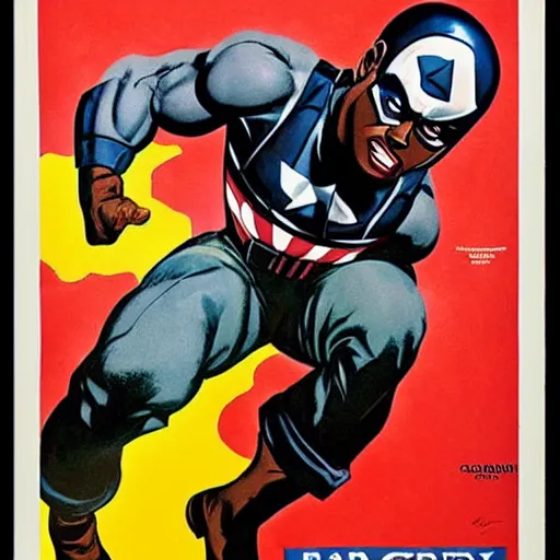 Prompt: black captain america. supersoldier serum wwii american propaganda poster by james gurney