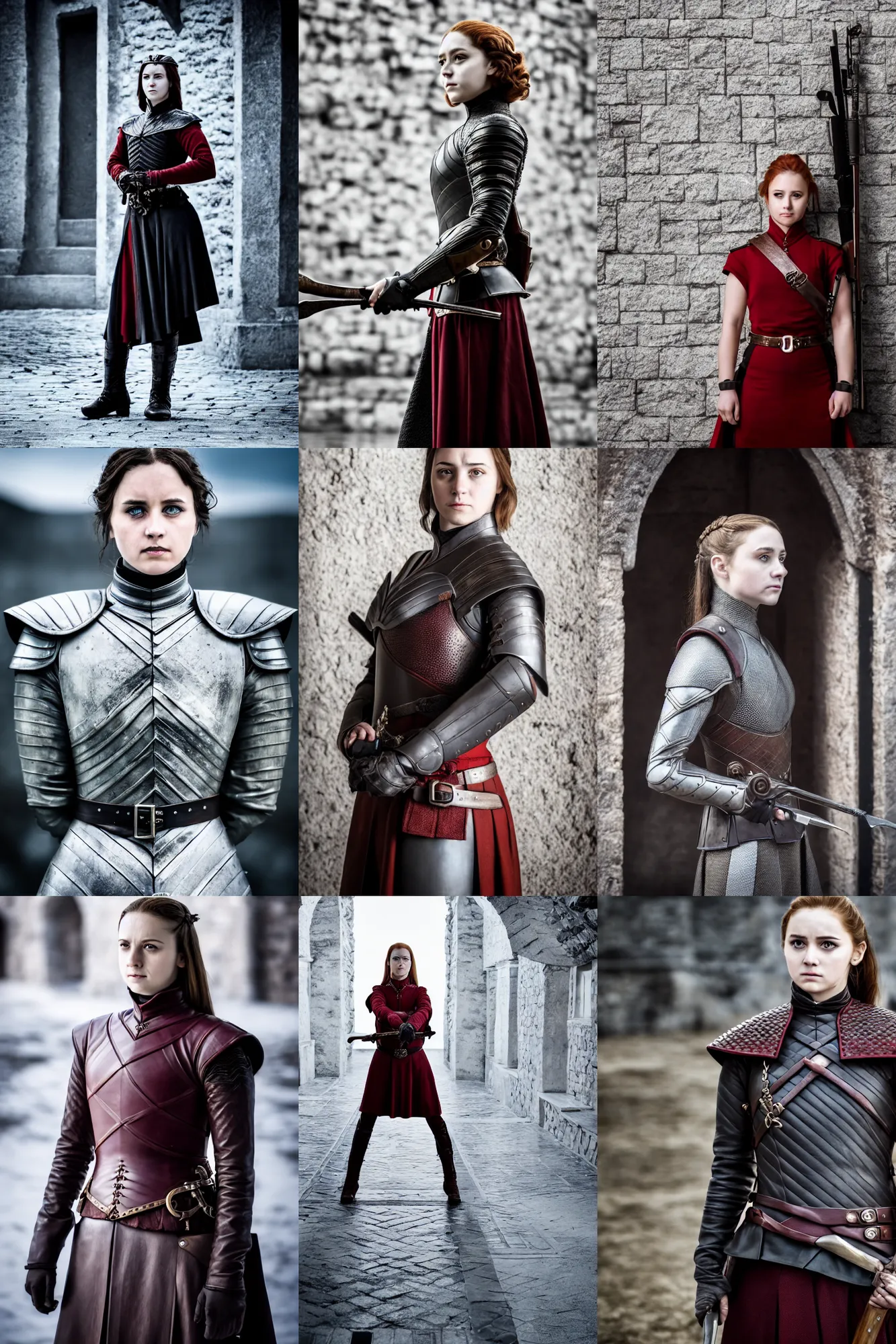 Prompt: a beautiful female guard of westeros posing on camera, symmetrical, cinematic, elegant, dawn light, real dlsr photography, sharp focus, 4 k, ultra hd, sense of awe