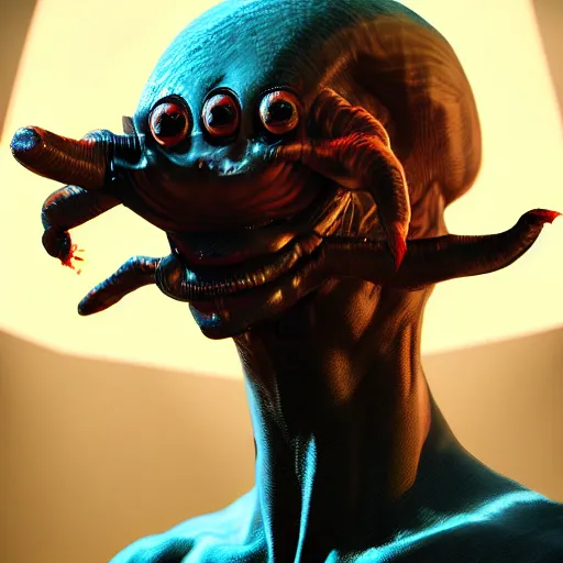 Image similar to a hyper real comic book style portait painting of an alien with 5 eyes and three heads, unreal 5, hyperrealistic, octane render, cosplay, rpg portrait, dynamic lighting