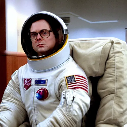 Image similar to Dwight from The Office wearing Astronaut Spacesuit