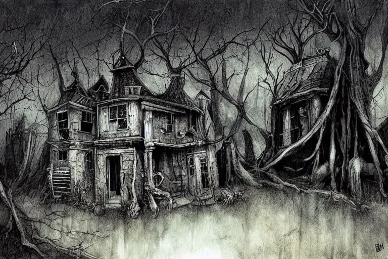 Image similar to mad horror painting of a futuristic witch house in the woods by ben templesmith