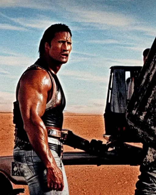 Image similar to film still close up shot of dwayne johnson in the movie mad max 2 the road warrior. photographic, photography