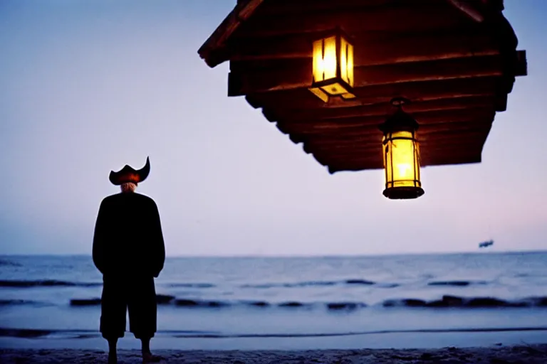 Prompt: film still of closeup old man holding up lantern by his beach hut at night. pirate ship in the ocean by emmanuel lubezki