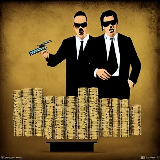 Image similar to money dollar stacks in cardboard box. criminal, mafia, cigars. pulp fiction movie. photorealistic. epic composition. highly detailed.