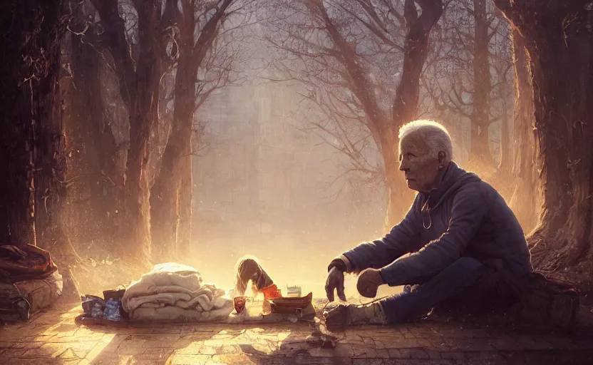 Image similar to highly detailed portrait of joe biden as a homeless, conversing with himself, stephen bliss, unreal engine, fantasy art by greg rutkowski, loish, rhads, ferdinand knab, makoto shinkai and lois van baarle, ilya kuvshinov, rossdraws, tom bagshaw, global illumination, radiant light, detailed and intricate environment