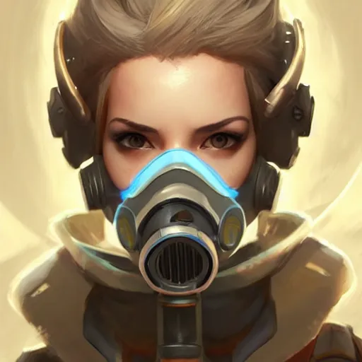 Image similar to mercy overwatch wearing cyber gas mask, 8 k resolution, highly detailed, intricate, very beautiful face, very detailed eyes, by greg rutkowski, wlop