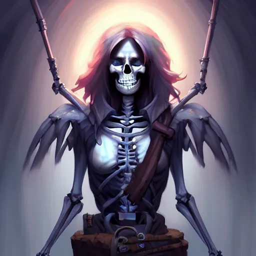 Prompt: beautiful digital portrait painting of a skeleton wandering through a never - ending dungeon with a torch, by charlie bowater, ross tran, artgerm, and makoto shinkai, detailed, inked, western comic book art
