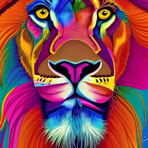 Image similar to a technicolor portrait of a lion in geometric kaleidoscopic colors trending on artstation 4 k intricate extremely detailed digital art