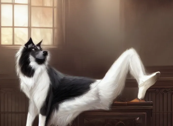 Image similar to wide angle beautiful full body portrait of a strong male anthropomorphic anthro border collie fursona in a suit sitting in a parlor room, character design by charlie bowater, henry asencio, and ross tran, disney, scenic background, detailed, aesthetic, trending on artstation, furaffinity, deviantart