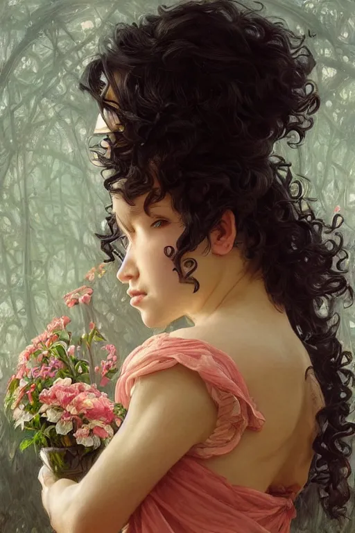 Image similar to beautiful cottagecore of a girl with short black curly hair, round face, cute face, holding a salmon-coloured vase. intricate, elegant. highly detailed, digital painting, artstation, concept art, smooth, sharp, focus, illustration. . art by artgerm and greg rutkowski and alphonse mucha