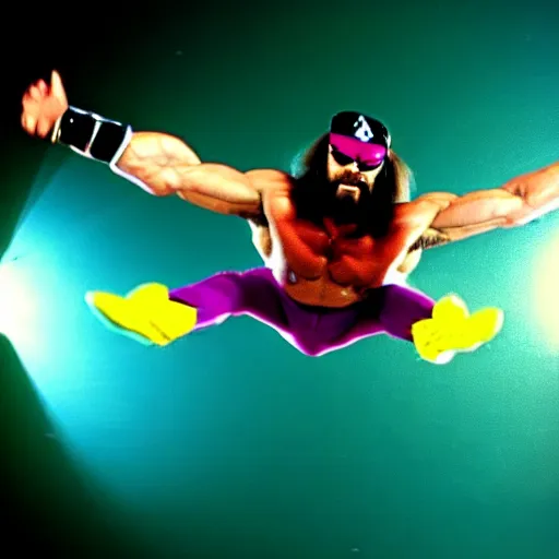 Image similar to Macho Man Randy Savage performing elbow drop from space. Wide angle. Low perspective. High Quality, 4k