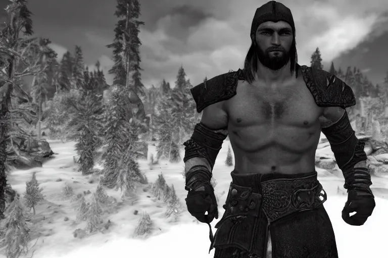 Prompt: gigachad in skyrim, ingame screenshot, black and white, high detailed