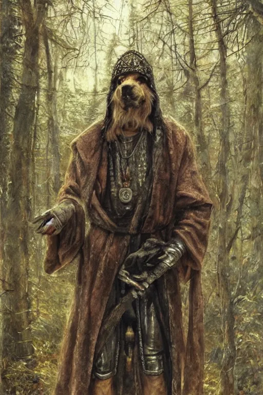 Image similar to slavic dog head man, woolen torso in medieval clothes, hiding in the forest, orthodox saint christopher, art by luis royo, oil painting, painting by viktor vasnetsov, concept art, hyperrealism, beautiful, high resolution, trending on artstation,