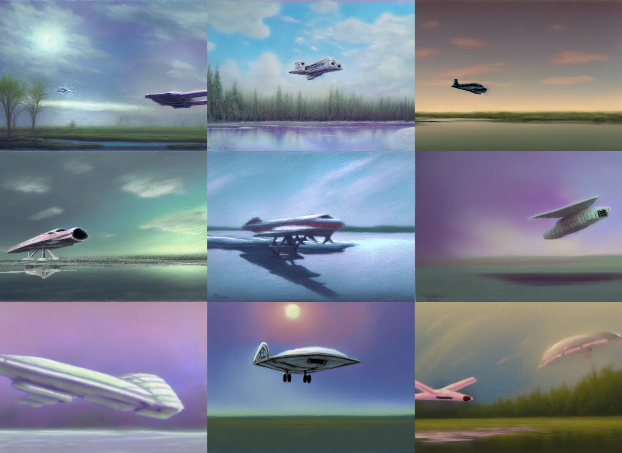 Prompt: soft focus pastel of a cute spaceship named The Icy Condor landing on a swamp