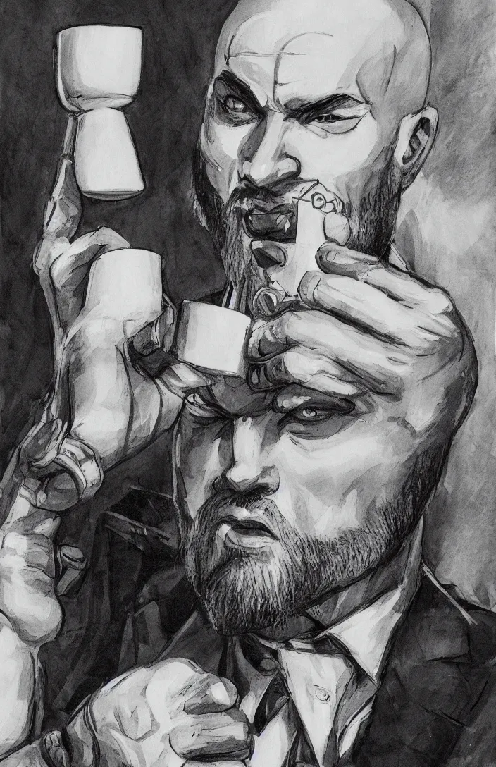 Image similar to detailed portrait of kratos in a suit holding a cup of coffe in his hand, black and white, 5 0's style.