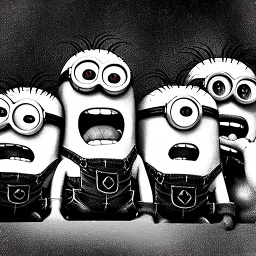 Image similar to Minions living in an insane asylum, creepy photo, minions screaming, nightmare, grainy, lost photo