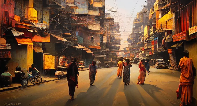 Prompt: calcutta streets, artwork by salman toor, cinematic light, atmospheric effects