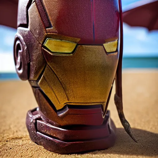 Image similar to a closeup photorealistic photograph of an iron man style tiki mug at a trader vic's beach bar featuring the face of iron man. tiki party. bright scene. fine detail. this 4 k hd image is trending on artstation, featured on behance, well - rendered, extra crisp, features intricate detail, epic composition and the style of unreal engine.