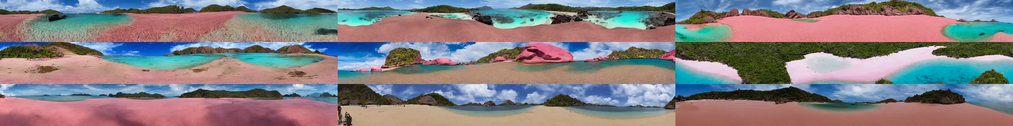 Prompt: wide angle view, 3d stereoscopic equirectangular 360 on the pink beach at komodo island, fov 90 degrees, horizon centered, yaw 0 degrees