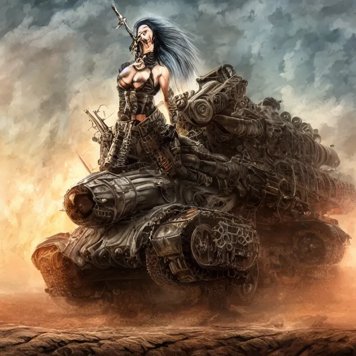 Image similar to beautiful apocalyptic woman with Mohawk, standing on mad max panzer tank, hyper-detailed, smooth, sharp focus, 4k ultra hd, fantasy dark art, tank girl, artgerm, artstation, octane render, elegant, detailed digital painting, apocalyptic art