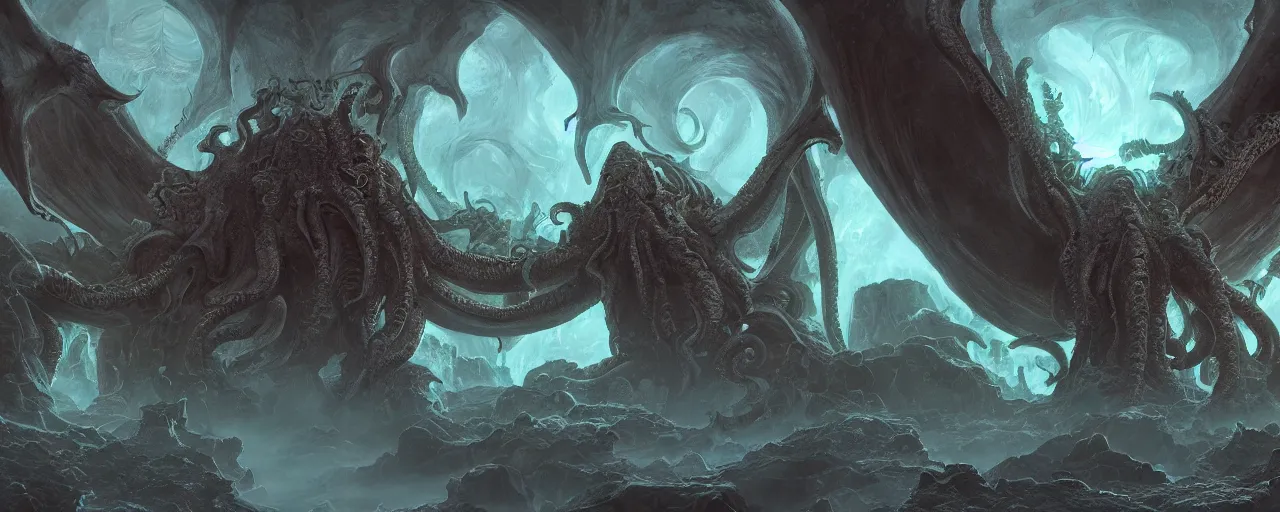 Image similar to gigantic Cthulhu opening a portal to the abyss in the middle of an advanced city, large scale, breathtaking, mixed media, digital art, trending on artstation, 8k, epic composition, highly detailed, AAA graphics