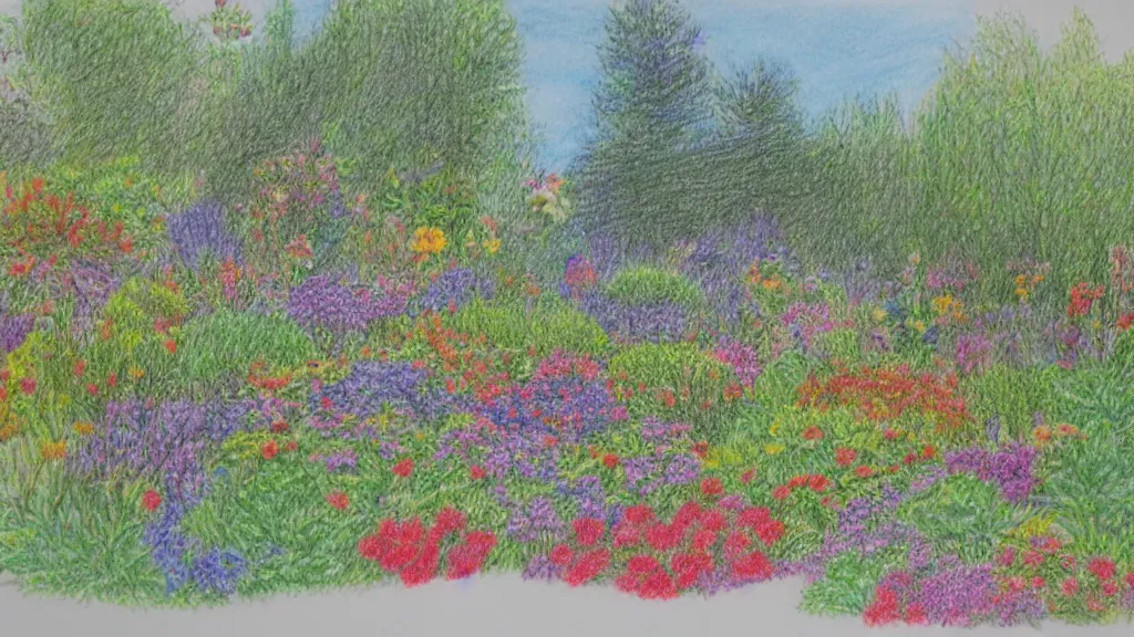 Prompt: a Coloured pencil drawing of a beautiful garden