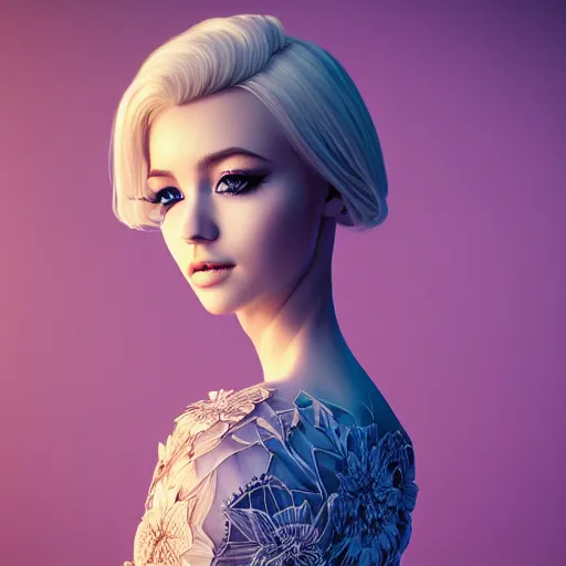 Image similar to beautiful blonde lady in a 3D flower dress , hyperrealistic, ultra detailed, octane render, symmetric, 3d, majestic, dark fantasy, intricate