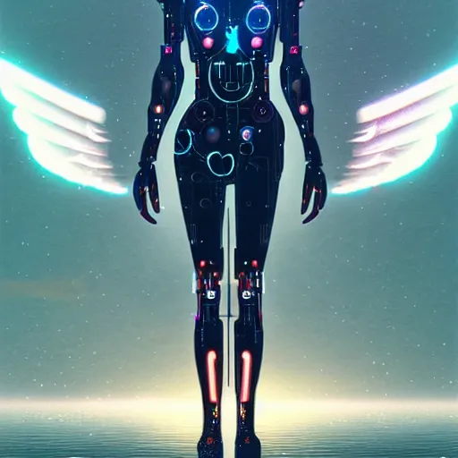 Prompt: ellen paige as a beautiful cyborg - angel girl standing on a lake, rainfall, biomechanical details, digital cyberpunk anime art, full body shot, reflections, lens flare, wlop, ilya kuvshinov, artgerm, krenz cushart, greg rutkowski