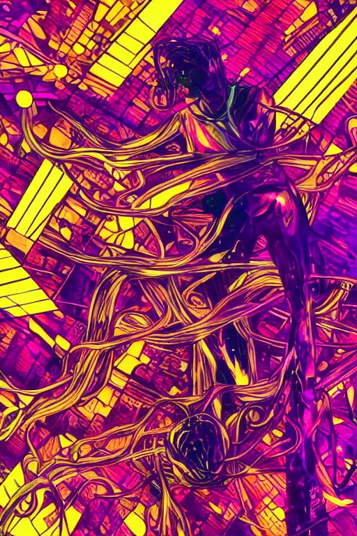 Prompt: wideangle action, a wild beautiful ballet techno dancer entangled by glowing tendrils of reality, madness, decoherence, synthwave, glitch!!, fracture, vortex, realistic, hyperdetailed, concept art, stained glass, cubism