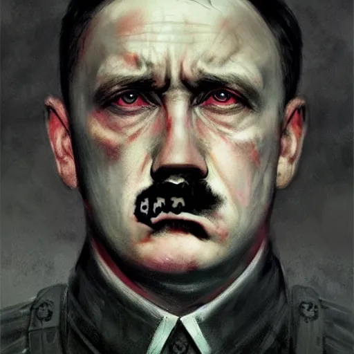 Image similar to adolf hitler satanic spawn of hatred and destruction, colourised, face portrait, epic, military art, fantasy, dieselpunk, hd shot, digital portrait, beautiful, artstation, comic style, by artgerm, guy denning, jakub rozalski, magali villeneuve and charlie bowater