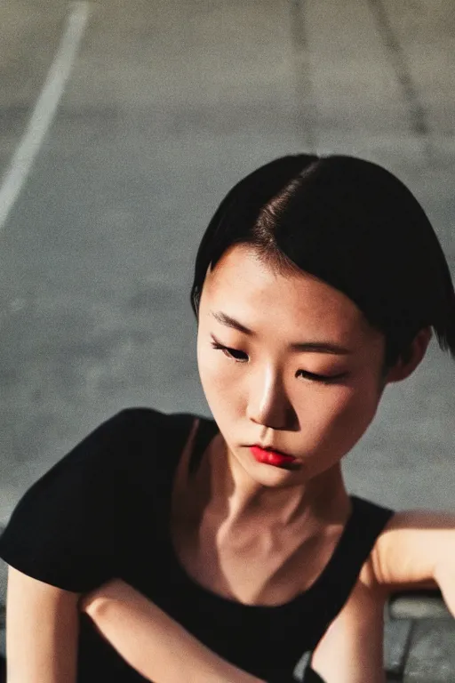Prompt: a beautiful gorgeous Japanese edgy model girl with short hair, she's sad by Guy Bourdin, sunset, street of Hong Kong, 80mm lens, 1.2 aperture, grainy image, close up, cinematic light, very detailed, depressing atmosphere, cover magazine