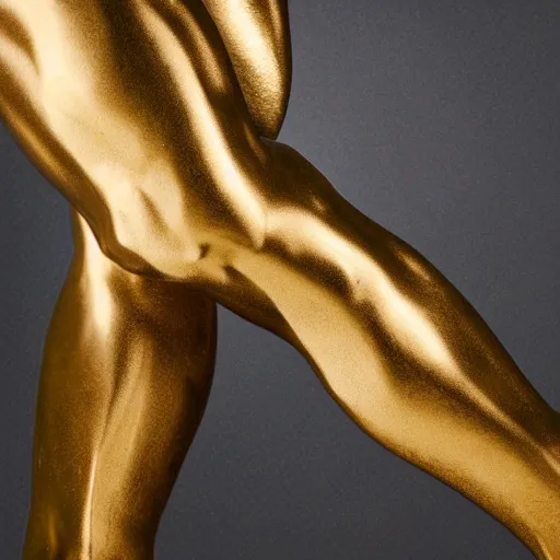 Image similar to stunning close up photograph of marble sculpture of strong masculine man's legs made of marble. Sculpture is on top of fine gold base, masculine texture background, 40mm lens, shallow depth of field, split lighting