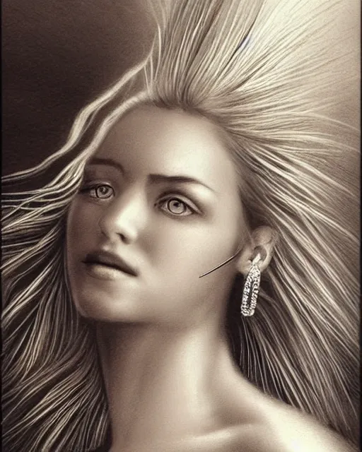 Image similar to pencil drawing of beautiful greek goddess aphrodite with arrowhead earrings and beautiful feather jewelry, beautiful piercing eyes, beautiful blonde hair flying in the wind, hyper realistic face, in the style of greg rutkowski, fantasy, amazing detail, epic, elegant, smooth, sharp focus, from the front