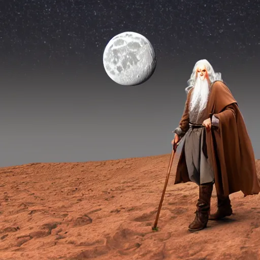 Image similar to a realistic image of gandalf in mars under a full moon