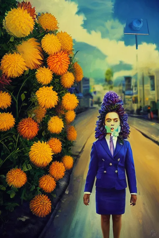 Image similar to closeup giant dahlia flower head, girl in a suit on a street, surreal photography, blue sky, sunrise, dramatic light, impressionist painting, digital painting, artstation, simon stalenhag