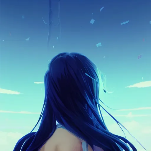 Prompt: low - angle shot from behind of a long blue - haired girl in a tailcoat overlooking noxus, noir, screenshot, sharp focus, intricate, illustration, cell shaded, digital painting, highly detailed, art by ilya kuvshinov, wlop, greg rutkowski, studio quality, james jean