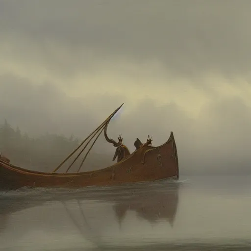 Prompt: painting of viking longboat on a misty river raid