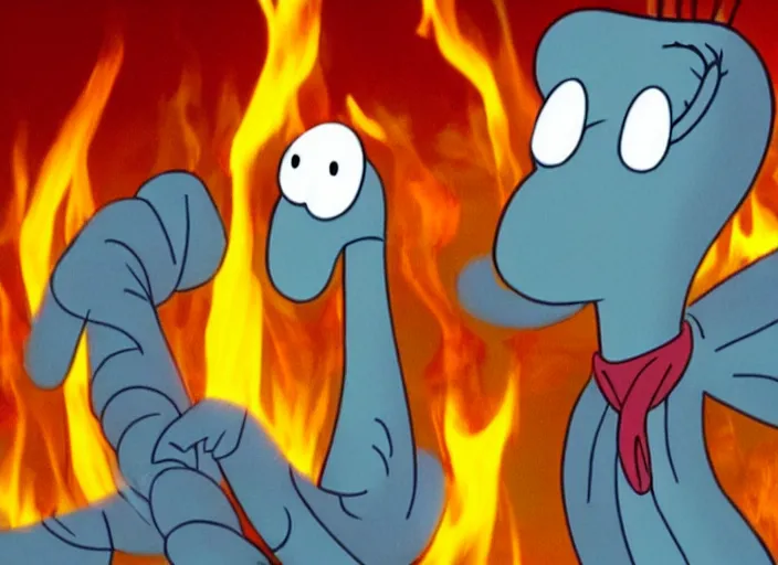 Prompt: squidward practicing firebending in an open field at susnset