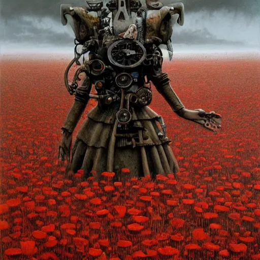 Image similar to a hyperrealistic painting of a steampunk demon in a feild of poppies, by john kenn mortensen and zdzislaw beksinski, highly detailed, vivid color,