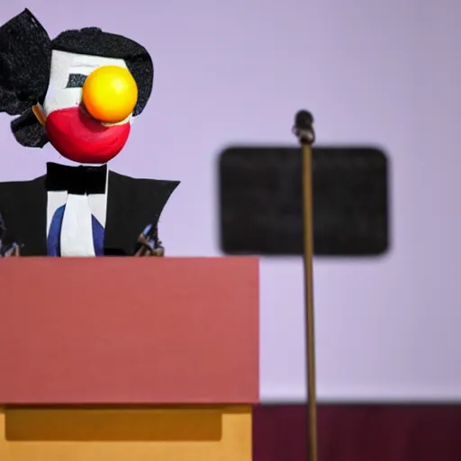 Image similar to string puppet of a president with clown makeup in a podium and a human shadow behind