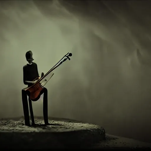 Image similar to the last orchestra, surrealistic detailed claymation art, dark, moody, foggy